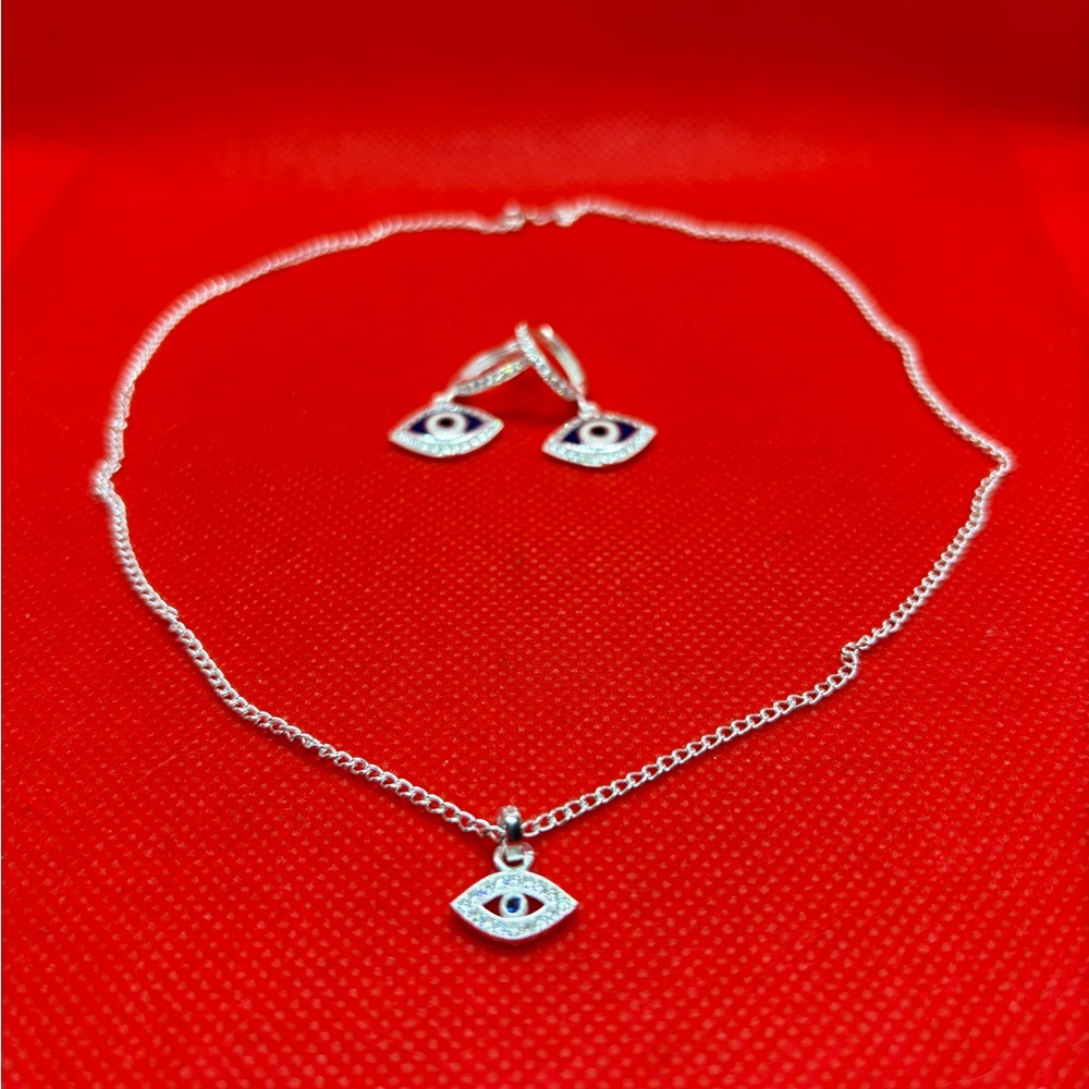 Silver Evil Eye Necklace and Earring Set